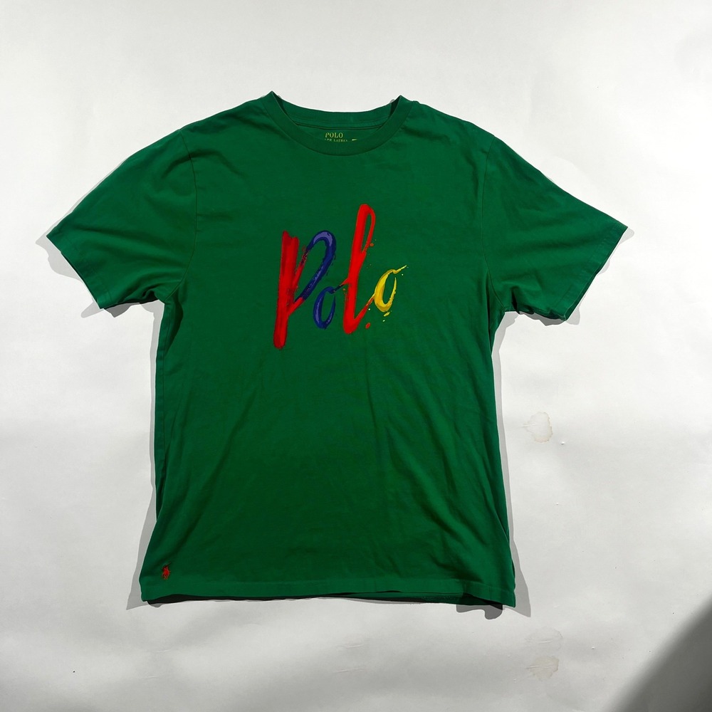 Polo Ralph Lauren Mens Green Graphic T-Shirt XL Boys Fits Mens Small Paint Logo